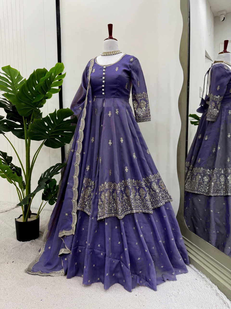 Wedding Wear Lavender Color Simmer Silk Thread With Sequence Work Lehenga Suit