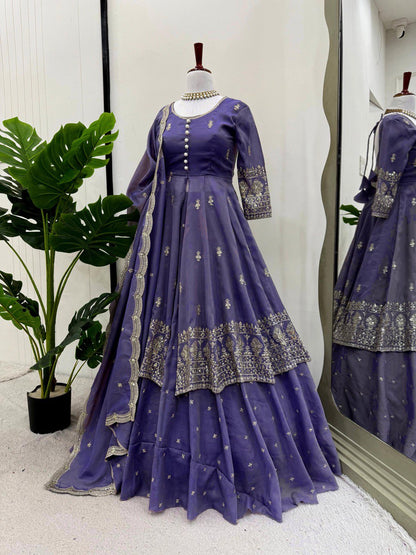 Wedding Wear Lavender Color Simmer Silk Thread With Sequence Work Lehenga Suit