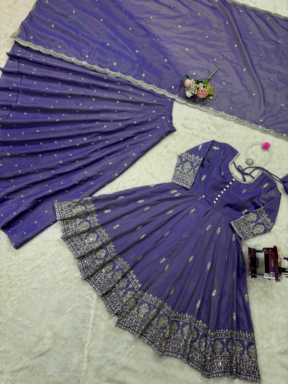 Wedding Wear Lavender Color Simmer Silk Thread With Sequence Work Lehenga Suit