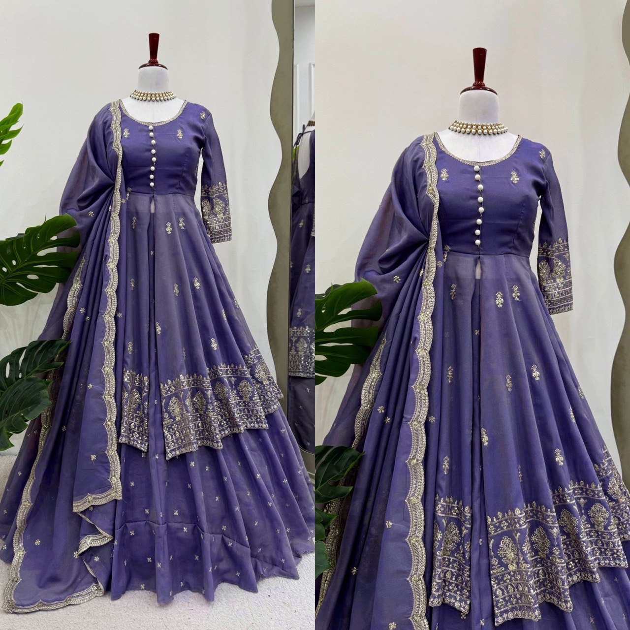 Wedding Wear Lavender Color Simmer Silk Thread With Sequence Work Lehenga Suit