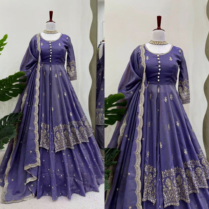 Wedding Wear Lavender Color Simmer Silk Thread With Sequence Work Lehenga Suit