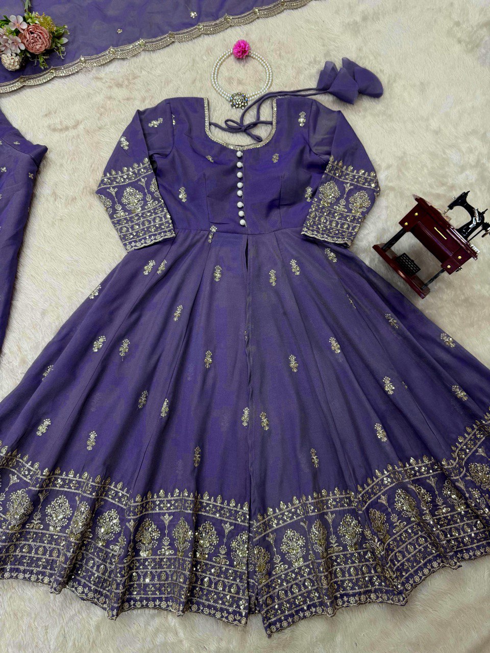 Wedding Wear Lavender Color Simmer Silk Thread With Sequence Work Lehenga Suit