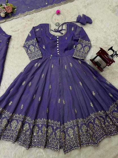 Wedding Wear Lavender Color Simmer Silk Thread With Sequence Work Lehenga Suit