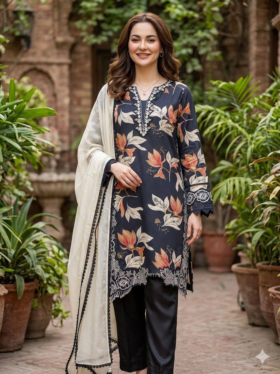 Designer Blue Color Muslin Embroidered Work Palazzo Suit Set