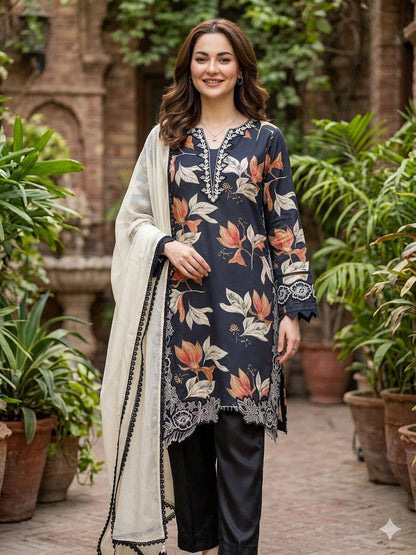 Designer Blue Color Muslin Embroidered Work Palazzo Suit Set