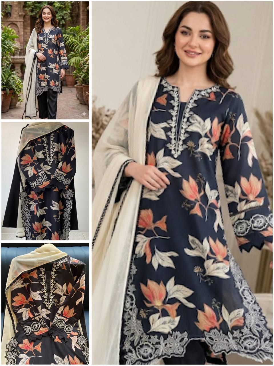 Designer Blue Color Muslin Embroidered Work Palazzo Suit Set