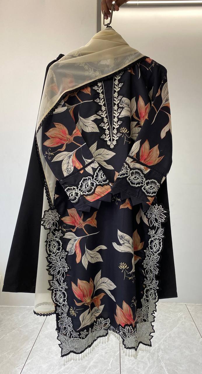 Designer Blue Color Muslin Embroidered Work Palazzo Suit Set
