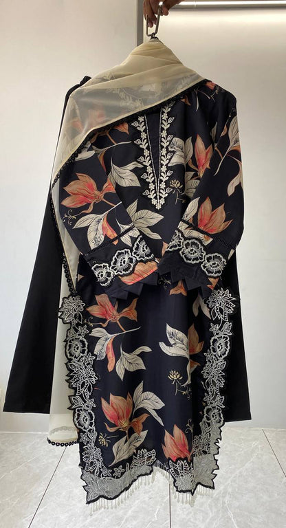 Designer Blue Color Muslin Embroidered Work Palazzo Suit Set
