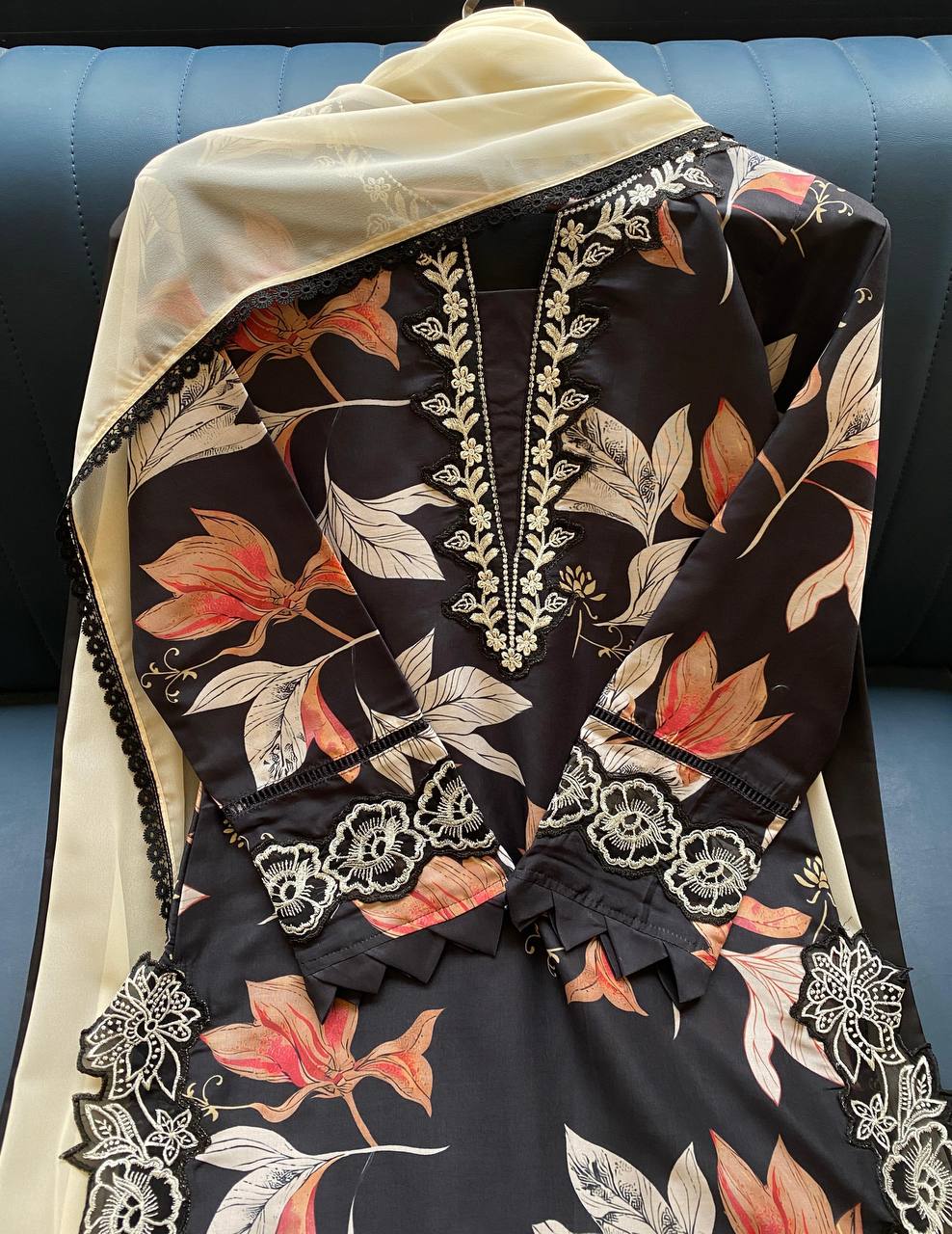 Designer Blue Color Muslin Embroidered Work Palazzo Suit Set