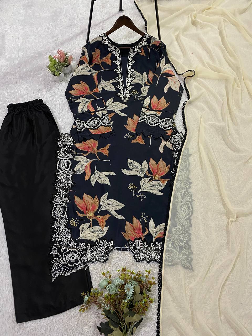 Designer Blue Color Muslin Embroidered Work Palazzo Suit Set