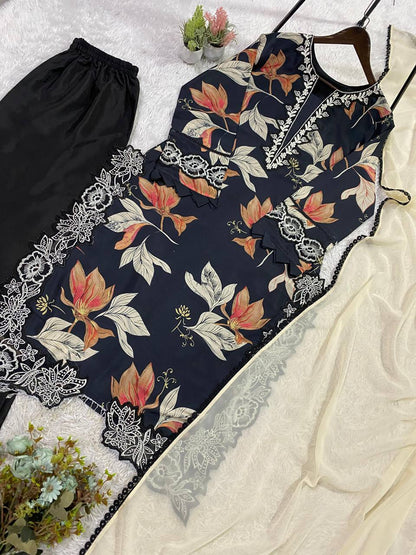Designer Blue Color Muslin Embroidered Work Palazzo Suit Set