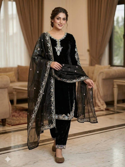 Luxury Black Color Embroidered Suit With Dupatta