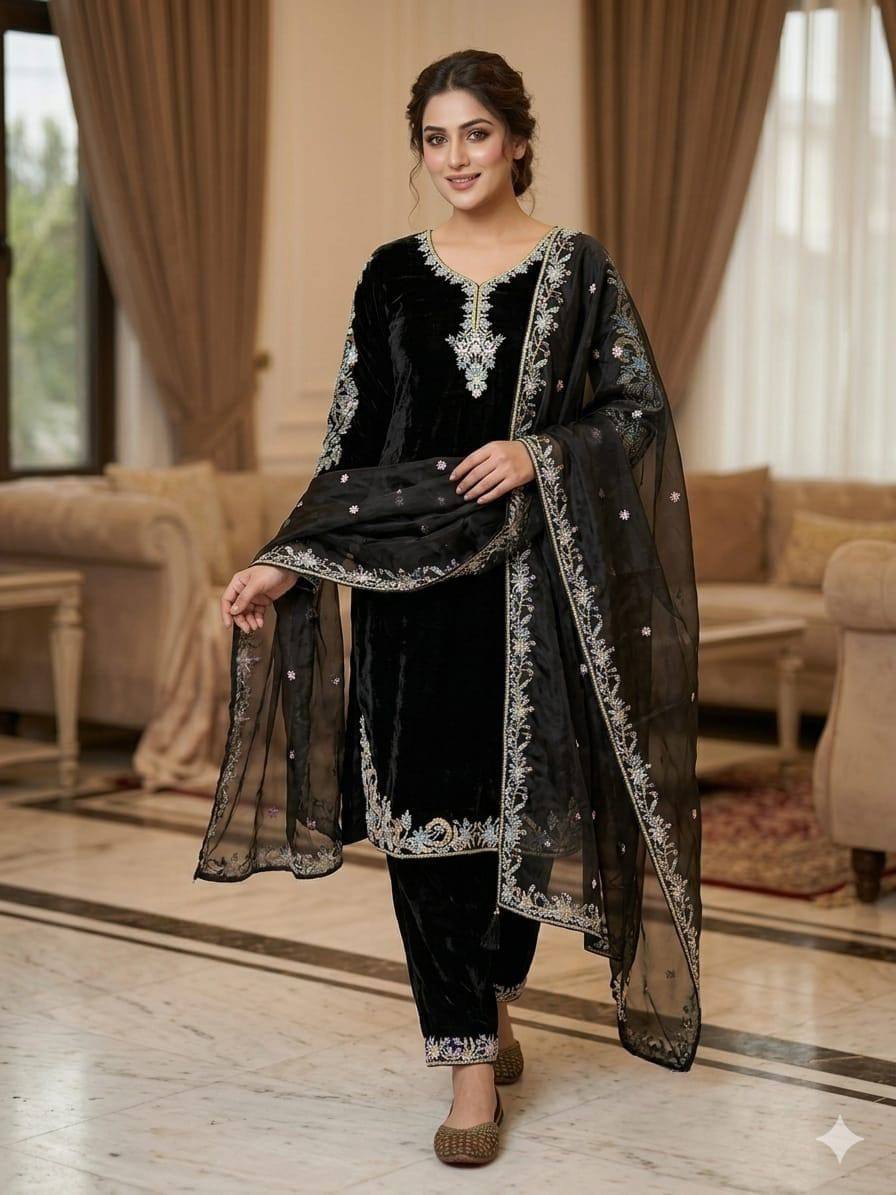 Luxury Black Color Embroidered Suit With Dupatta