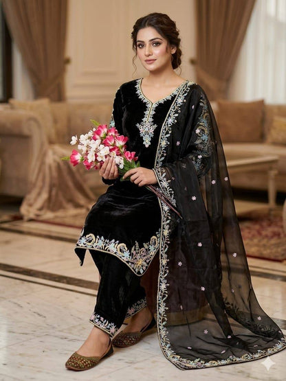 Luxury Black Color Embroidered Suit With Dupatta