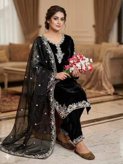Luxury Black Color Embroidered Suit With Dupatta