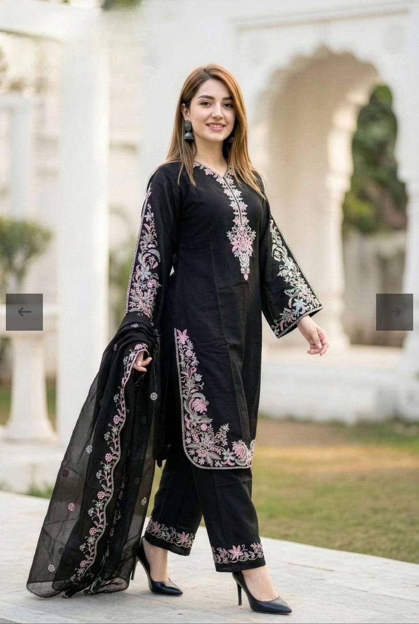 Luxury Black Color Embroidered Suit With Dupatta