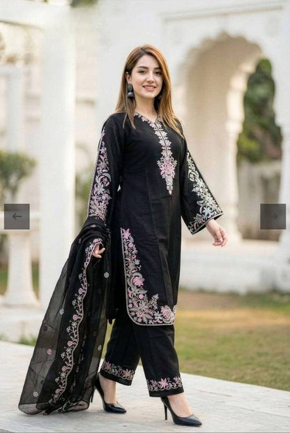 Luxury Black Color Embroidered Suit With Dupatta