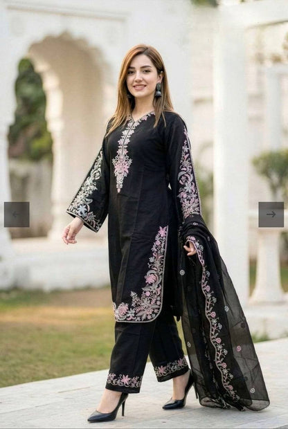 Luxury Black Color Embroidered Suit With Dupatta