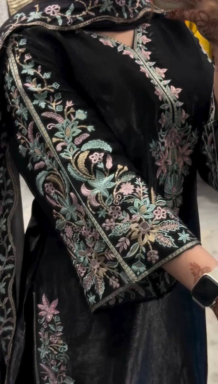 Luxury Black Color Embroidered Suit With Dupatta