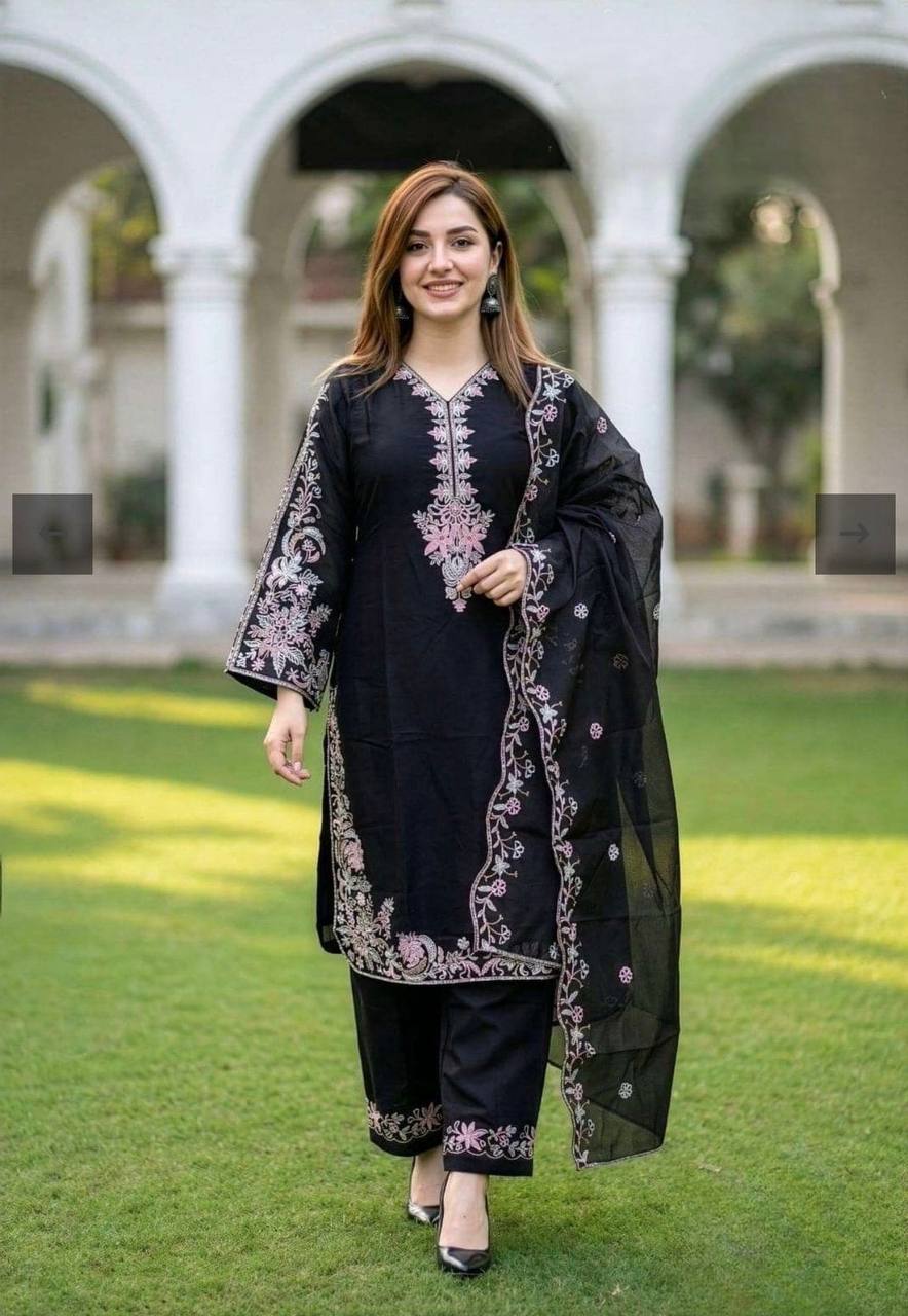 Luxury Black Color Embroidered Suit With Dupatta