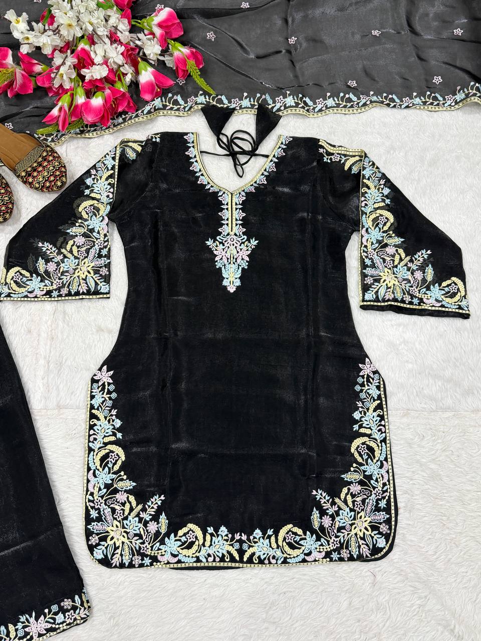 Luxury Black Color Embroidered Suit With Dupatta