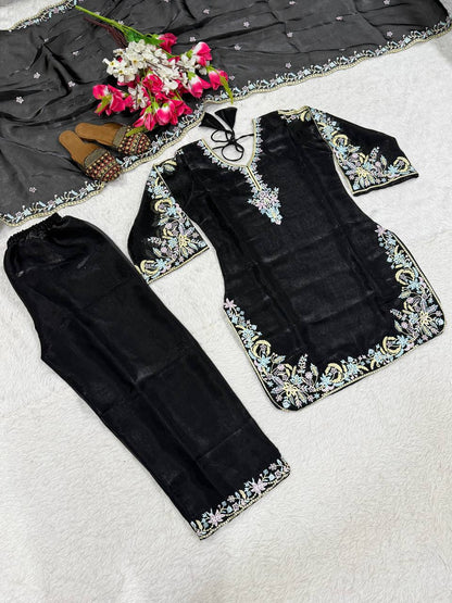 Luxury Black Color Embroidered Suit With Dupatta