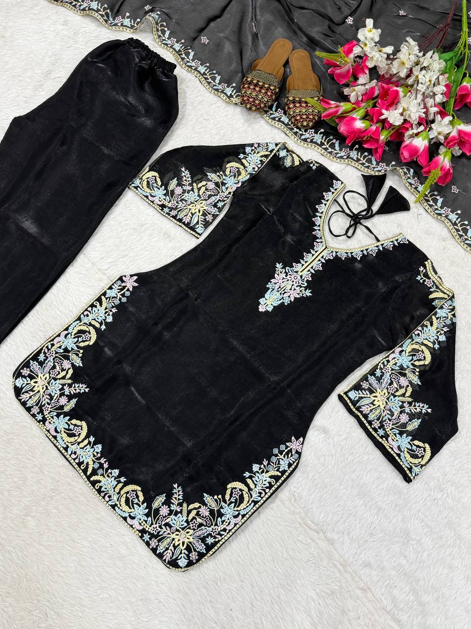 Luxury Black Color Embroidered Suit With Dupatta