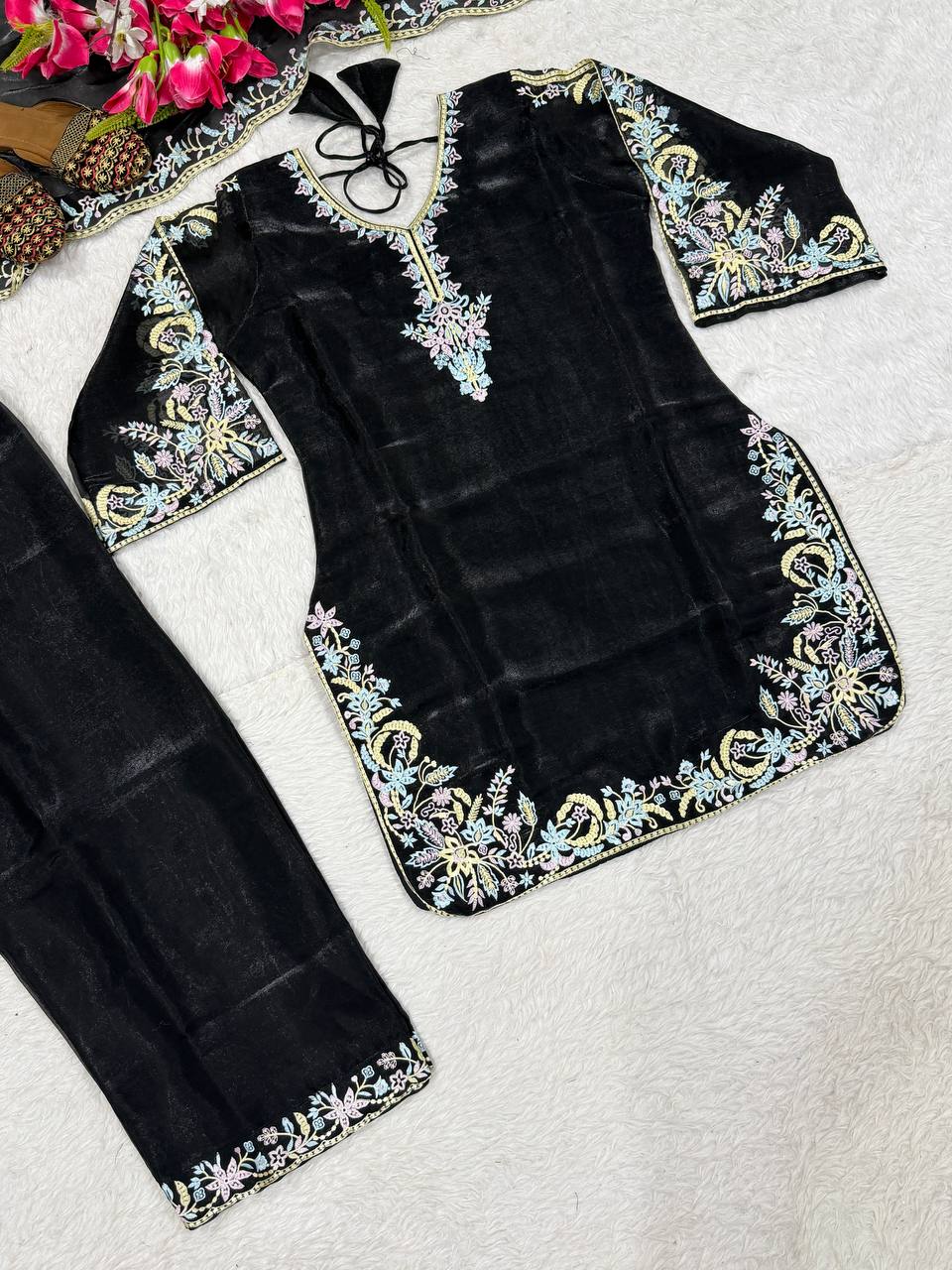 Luxury Black Color Embroidered Suit With Dupatta