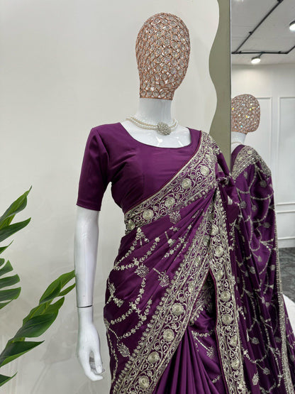 Party Wear Purple Color Japan Satin Silk Thread With Sequence Work Saree