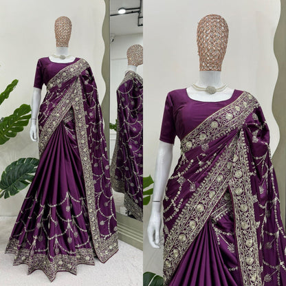 Party Wear Purple Color Japan Satin Silk Thread With Sequence Work Saree