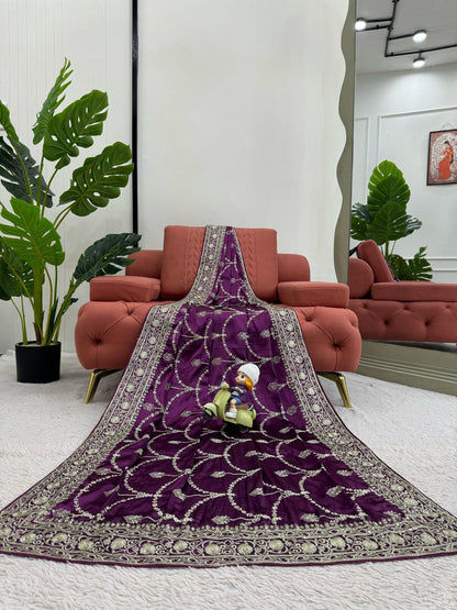 Party Wear Purple Color Japan Satin Silk Thread With Sequence Work Saree