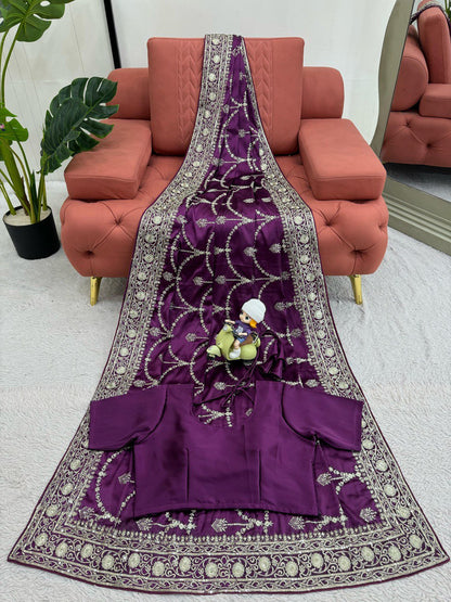 Party Wear Purple Color Japan Satin Silk Thread With Sequence Work Saree