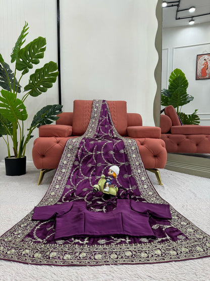 Party Wear Purple Color Japan Satin Silk Thread With Sequence Work Saree