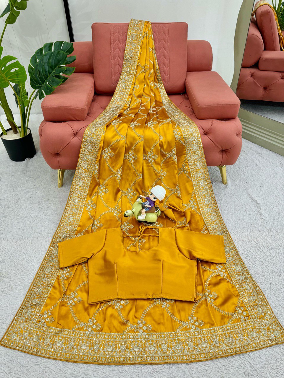 Haldi Wear Yellow Color Japan Satin Silk Thread With Sequence Work Saree