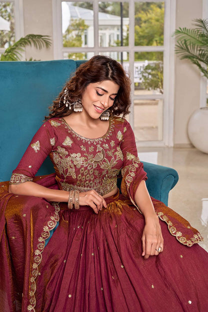 Peaceful Maroon Color Embroidery With Thread Work Lehenga Set