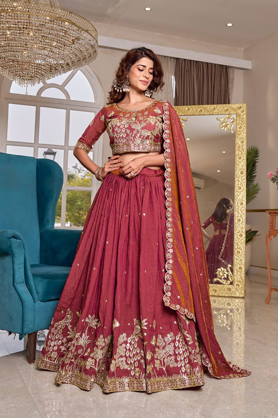 Peaceful Maroon Color Embroidery With Thread Work Lehenga Set