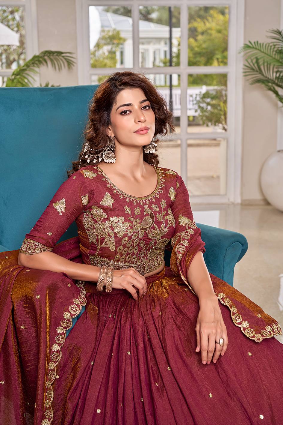 Peaceful Maroon Color Embroidery With Thread Work Lehenga Set