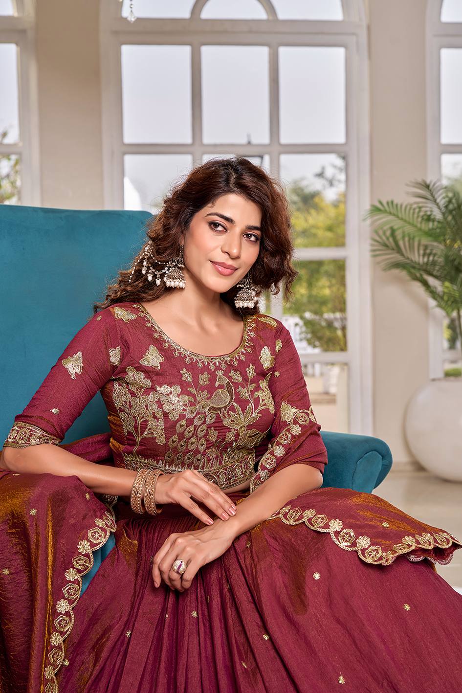 Peaceful Maroon Color Embroidery With Thread Work Lehenga Set