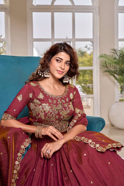 Peaceful Maroon Color Embroidery With Thread Work Lehenga Set