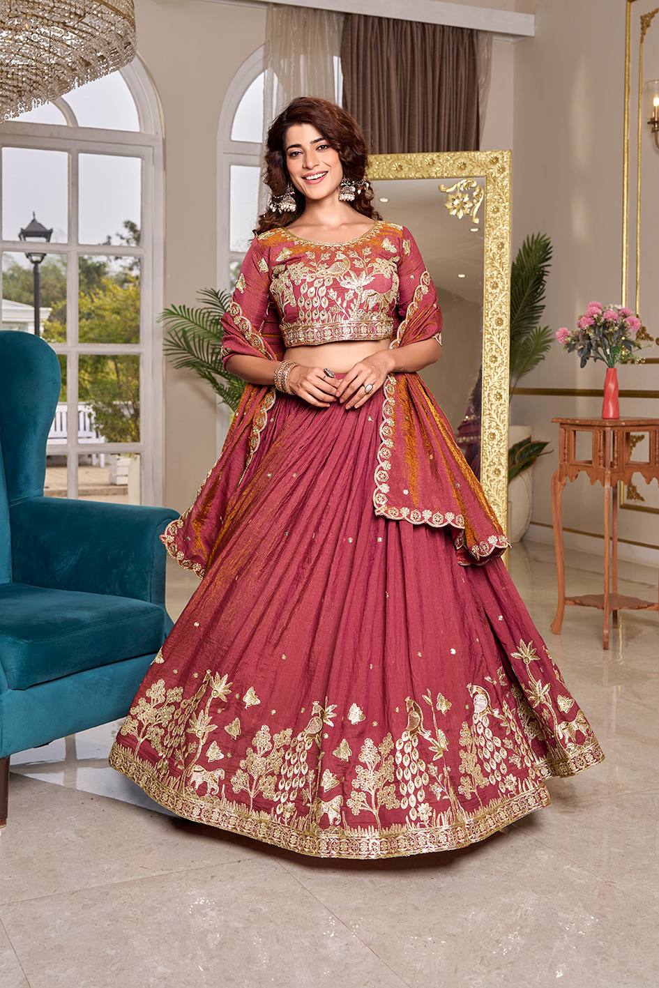Peaceful Maroon Color Embroidery With Thread Work Lehenga Set