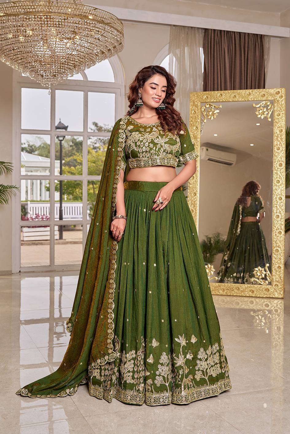 Outstanding Green Color Embroidery With Thread Work Lehenga Choli