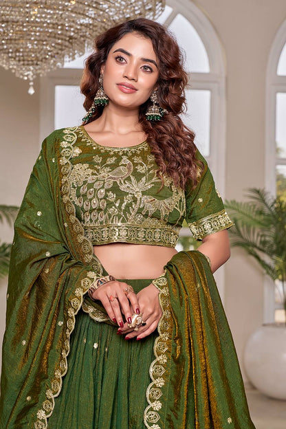 Outstanding Green Color Embroidery With Thread Work Lehenga Choli