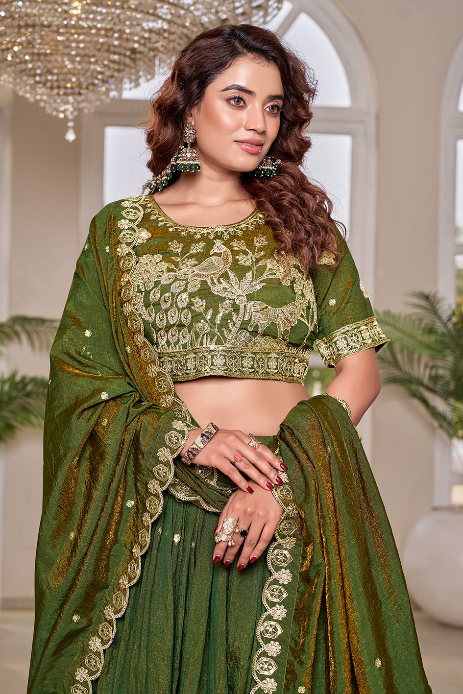 Outstanding Green Color Embroidery With Thread Work Lehenga Choli