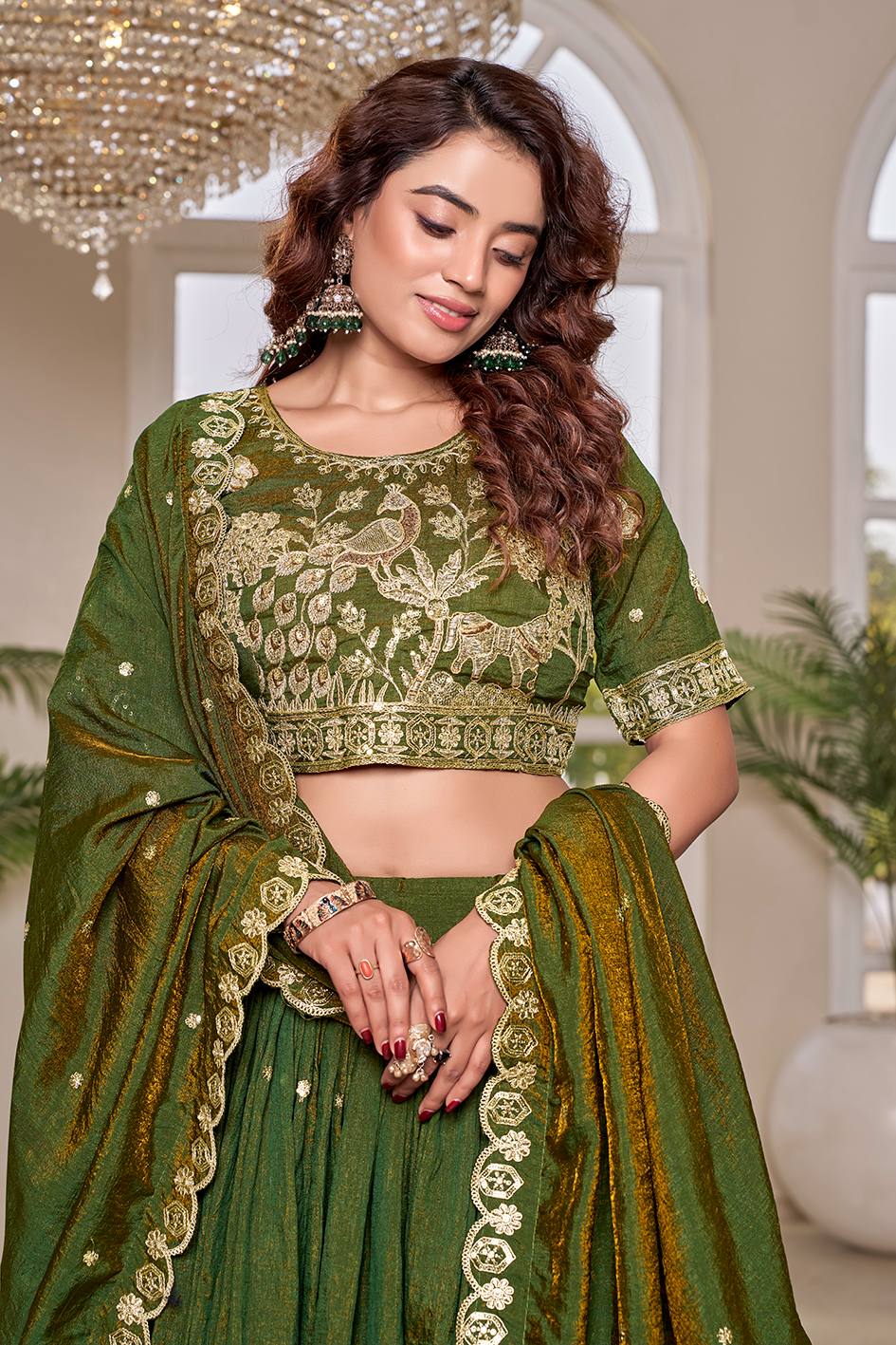 Outstanding Green Color Embroidery With Thread Work Lehenga Choli