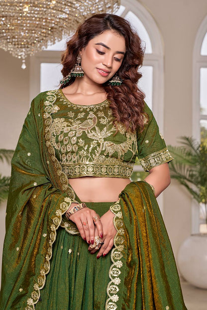 Outstanding Green Color Embroidery With Thread Work Lehenga Choli
