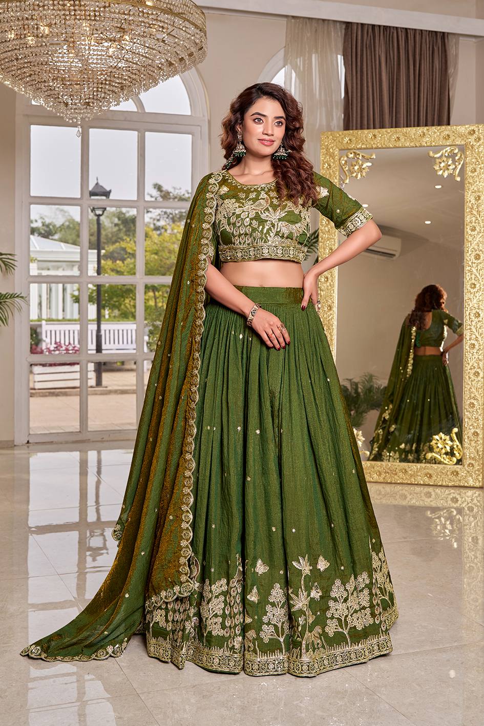 Outstanding Green Color Embroidery With Thread Work Lehenga Choli