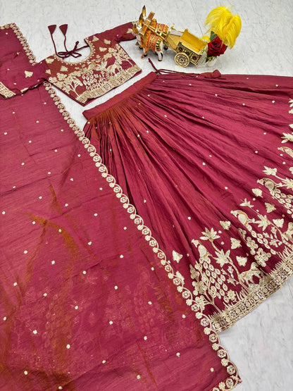 Peaceful Maroon Color Embroidery With Thread Work Lehenga Set
