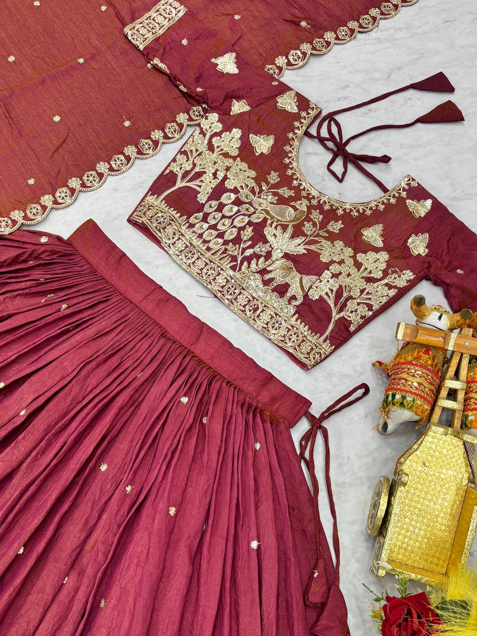 Peaceful Maroon Color Embroidery With Thread Work Lehenga Set