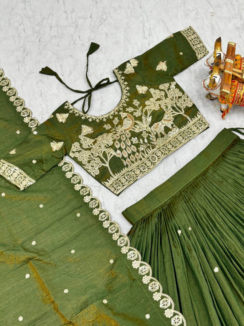 Outstanding Green Color Embroidery With Thread Work Lehenga Choli