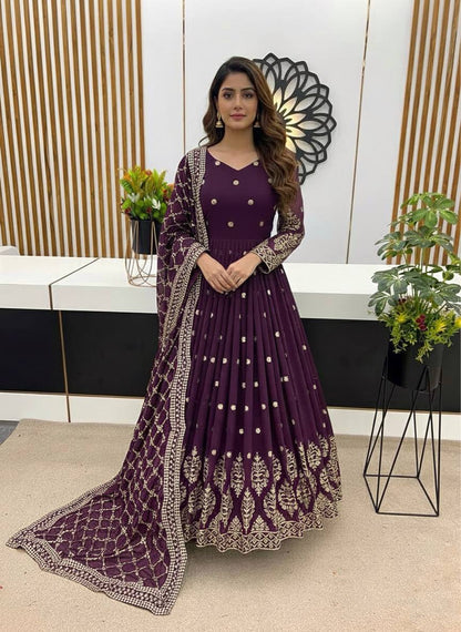 Designer Purple Color Embroidery Sequence Party Wear Gown